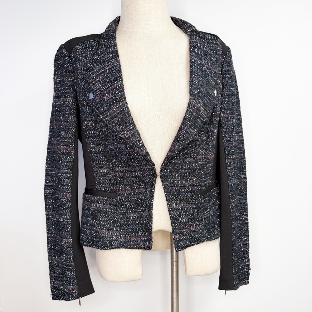 White House Black Market WHBM Tweed Moto Jacket Blue Black Size 12 Petite